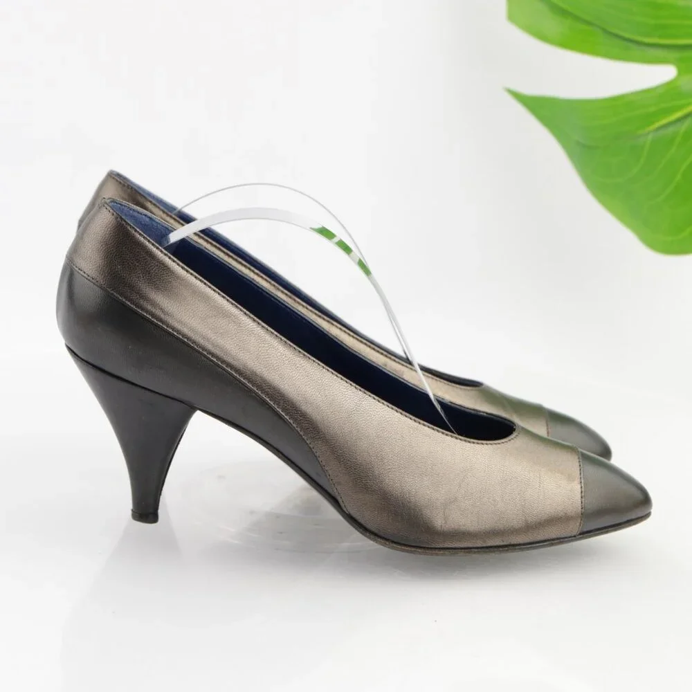Vintage Oscar de la Renta‎ Womens Pump Size 7.5 Bronze Leather Cone Heel Shoes